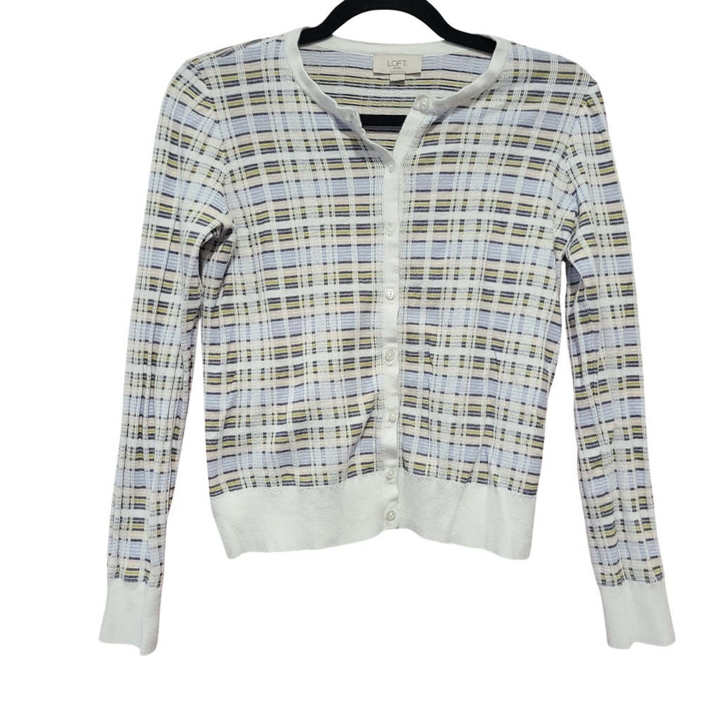 Loft Outlet Womens XS White Plaid Textured Cotton Cardigan Sweater
